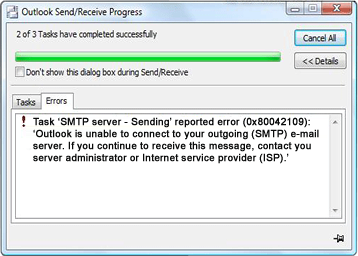 Outlook не может подключиться к серверу. Ошибка SMTP Outlook. Неизвестная ошибка (SMTP Error code 3). Send task.